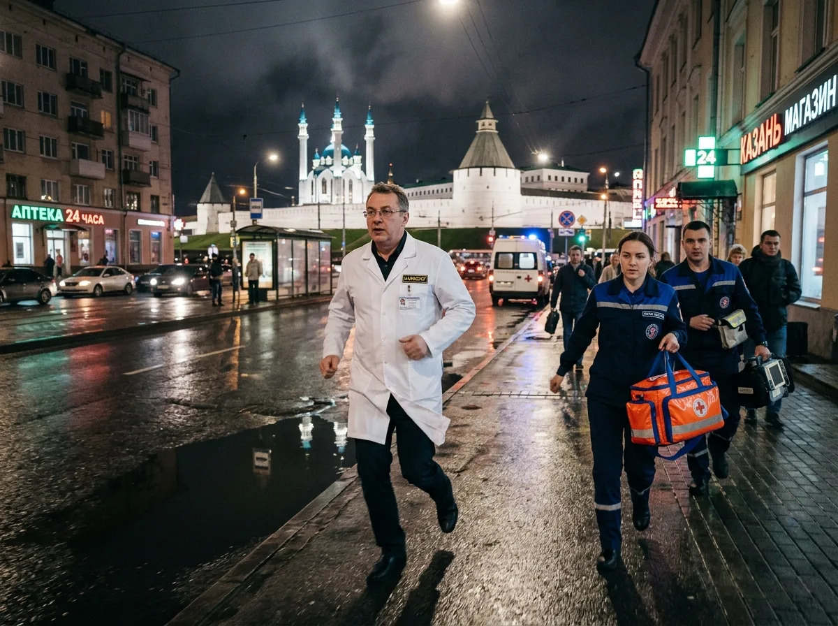 Врач-нарколог в белом халате едет на вызов ночью по городу Казань, профессиональная медицинская бригада с чемоданчиком, атмосфера срочной помощи